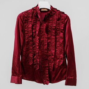 Derercuny Burgundy Silk Ruffle Blouse